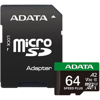 Карта памяти ADATA microSDXC Speed Plus 64Gb Class 10 UHS-1 A2 V30 + SD адаптер (UD64GUI3V30A2SP-RA1) [162137]