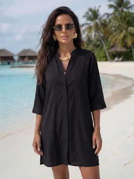 Жіноча сорочка-туніка Resort зі штапелю декорована прошвою чорна 42-44 (S/M)