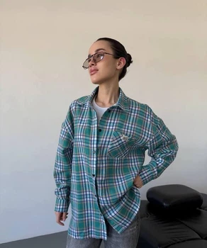 Рубашка женская хлопковая фланелевая в клетку свободного кроя длинная весенняя G&M k-128495 42-46 Размер цвет Зеленый