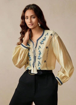 Блузка женская с синей вышивкой Fashion Желтая 18178 L (48)