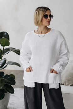 Жіноча блуза лляна оверсайз з накладними кишенями KAPTSOVA MKKS9025-3 - Oversize 42/52, Білий
