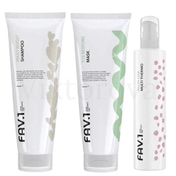 Набор для глубокого восстановления волос FAV.1: Шампунь FAV.1 MILKY BOOST SHAMPOO 250 мл + Маска FAV.1 112 RESTORE MASK 250 мл + Термозащита FAV.1 ALL IN ONE MULTI THERMO 200 мл