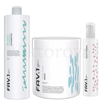 Набор для жирной кожи головы и сухих волос FAV.1: Шампунь FAV.1 BALANCE CONTROL SHAMPOO 1000 мл + Маска FAV.1 AQUA WAVE MASK 1000 мл + Термозащита FAV.1 ALL IN ONE MULTI THERMO 200 мл