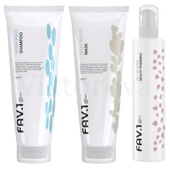 Набор для увлажнения и восстановления структуры волос FAV.1: Шампунь FAV.1 AQUA WAVE SHAMPOO 250 мл + Маска FAV.1 MILKY BOOST MASK 250 мл + Термозащита FAV.1 ALL IN ONE MULTI THERMO 200 мл