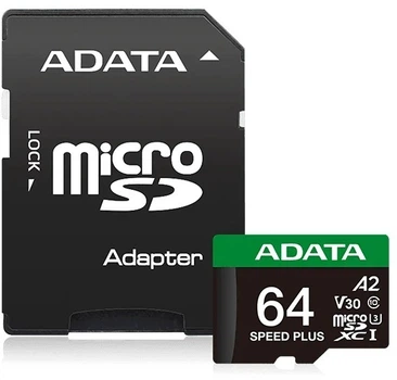 Карта памяти microSD 64Gb ADATA Speed Plus Class 10 V30 A2 UHS-1 U3 + SD адаптер (UD64GUI3V30A2SP-RA1)