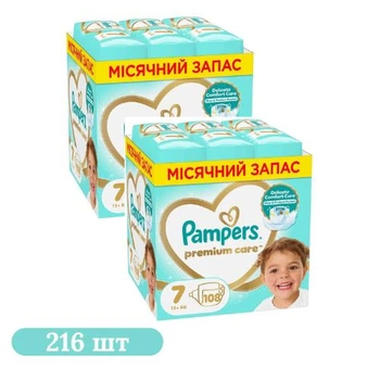 Дитячі підгузки 216 шт Pampers Premium Care розмір 7 (15+ кг) Дитячі підгузники памперс з індикатором вологи та захистом до 12 годин Памперси преміум для дітей