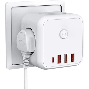 Тройник для розетки с USB портами 3 розетки и 3 порта USB 1 Type-C с выключателем и зарядкой юсб
