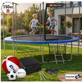 Батут садовый для детей Hop-Sport 366 см (12ft) 4 ноги на дачу синий с лестницей и внутренней сеткой + мячи