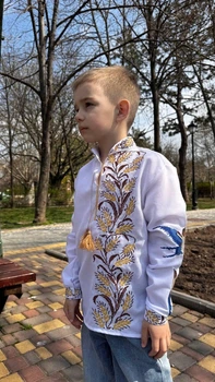 Дитяча вишиванка для хлопчика «Батьківщина» на домотканому полотні 158 см білий (АН08)