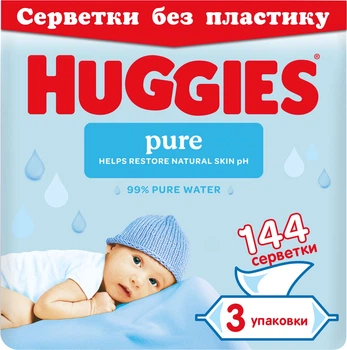 Упаковка влажных салфеток Huggies Pure Без пластика 3 пачки по 48 шт (5029053582535)
