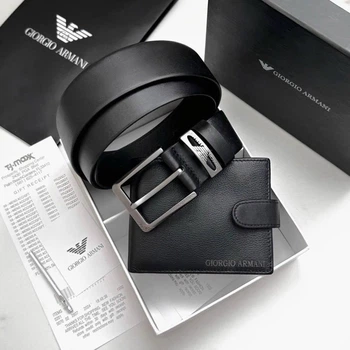 Мужской подарочный набор GIORGIO ARMANI ремень кошелек натуральная кожа Черный (LUX1405)