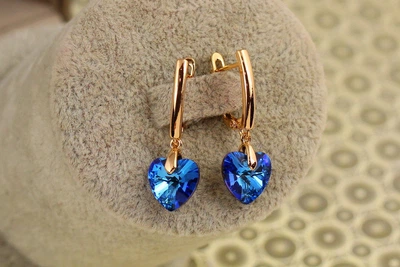 Сережки підвіски Xuping Jewelry Сваровські сердечки сині хамелеон 2,8 см золотисті