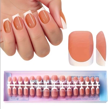Гелевые типсы для наращивания Soft Gel с французским маникюром матовые короткий квадрат S 150 шт бежевые с белой линией френча (0102)