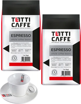 Набір TOTTI Caffe Кава в зернах Espresso 1 кг х 2 шт. + Чашка з блюдцем для капучино (8720254065991)