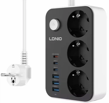 Мережевий фільтр розгалужувач на 3 EU розетки 3 USB 3 Type-C 250В LDNIO SE3631C з вимикачем 2500Вт 10А Подовжувач Швидка Зарядка для телефону підвищена безпека 2м Вимикач
