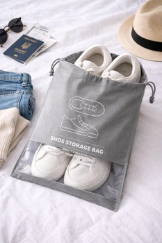 Органайзер для обуви дорожный с прозрачным окошком Shoe Storage Bag Чехол для обуви в чемодан на затяжках, серый Размер 27*36 см
