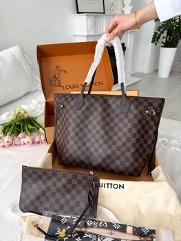 Сумка жіноча шопер + монетниця Louis Vuitton Neverfull коричнева (024)