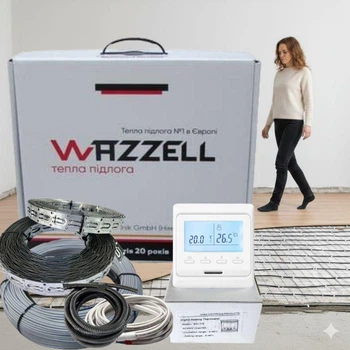 Комплект тепла підлога WAZZELL EASYHEAT + термостат програмований. Нагрівальний кабель універсальний 80 м / 1600 Вт / 8 - 12 м2