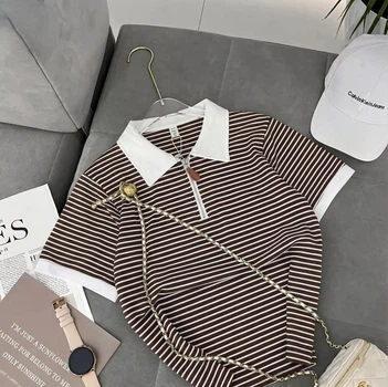 Футболка женская трикотажная в полоску 20386 S-L коричневая