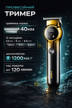 Триммер для бороды VGR беспроводной с LED дисплеем, насадки 1,5/3/4,5 мм, аккумулятор 1200 мАч, 180 мин работы