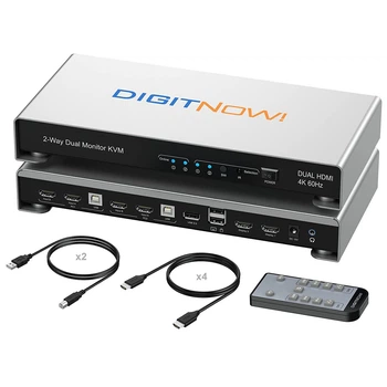 KVM-перемикач DIGITNOW! HDMI для 2 ПК и 2 мониторов (Dual Monitor Extended, 4K@60 Гц RGB 4:4:4, USB Hub, аудио, IR-пульт, Hotkey)