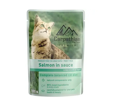Влажный корм для котов Cat Carpathian Pet Food лосось в соусе 100 г, ПАУЧ