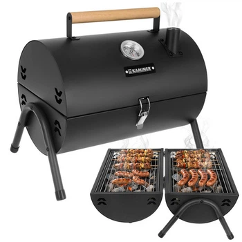 Гриль туристичний вугільний Kaminer 27322 компактний BBQ з кришкою, 2 решітками та термометром для пікніка і дачі