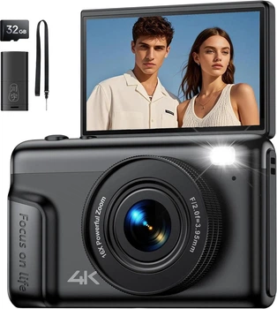 Цифровий фотоапарат TOAIOHO V6 4K 64MP з відкидним 3" екраном, 16x зумом, автофокусом та картою пам’яті 32GB, чорний