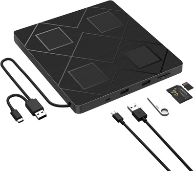 Зовнішній привід BEVA CD/DVD з USB 3.0 і Type-C, SD/TF слотами та 2 USB, для Windows, Mac, Linux