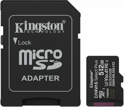Карта пам'яті microSDXC 512GB Kingston Canvas Select Plus Gen3 UHS-I U3 V30 A1 +SD-adapter (SDCS3/512GB)