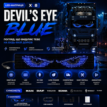 LED-матриця DEVIL'S EYE BLUE XL8 — глибока синя світлодіодна панель на лобове скло фури, вантажівки, трака,