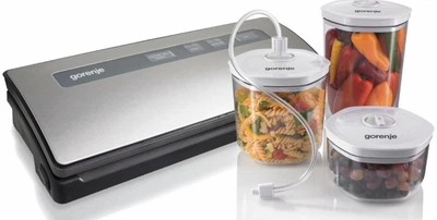 Упаковщик вакуумный продуктов Gorenje, 120 Вт, 12 л/мин, мощный вакууматор, 3 контейнера, бытовой вакууматор с пакетами