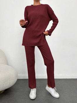 Костюм в рубчик (штаны, джемпер) Shein sz2309197438193091 L бордовый (100007496)