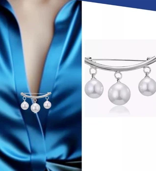 Брошь булавка Fashion Jewelry с жемчужинами, брошь-фиксатор для одежды,на платья, пиджак, серебристый (SVS)