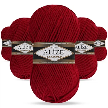 Упаковка Alize Lana Gold, Вишня №390, 5шт - 100 г / 240 м, напіввовняна пряжа середньої товщини для в'язання, упаковка 5 мотків