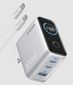Зарядное устройство Anker 100W USB-C Charger, 3 порта быстрой зарядки с технологией GAN, цветной дисплей - Silver (американская вилка)