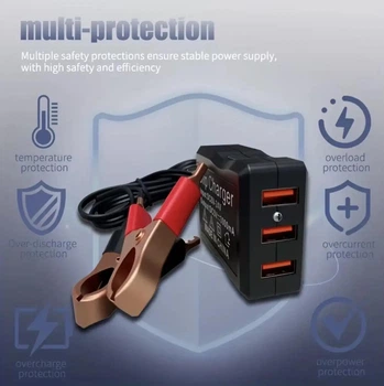 Крокодильный зажим для зарядки аккумулятора с 3 USB переходник для авто и мото акуммулятора