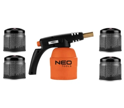 Газовая паяльная лампа NEO Tools (0.19 л, 1,2 кВт, 1350°C) с 4 картриджами (26849)