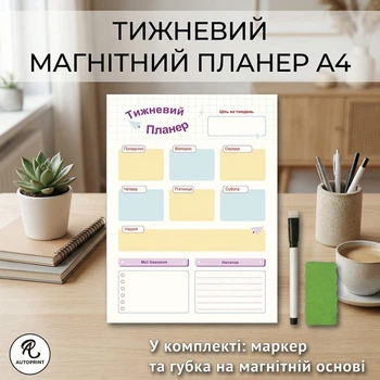 Магнитный планер на холодильник «Еженедельный планер», многоразовый календарь планировщик А4, 20×30 см 1 шт (MP05-4)