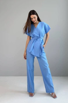 Жіночий костюм з верхом на запах (блуза+штани) Nenka M Блакитний (nenka3506-M)