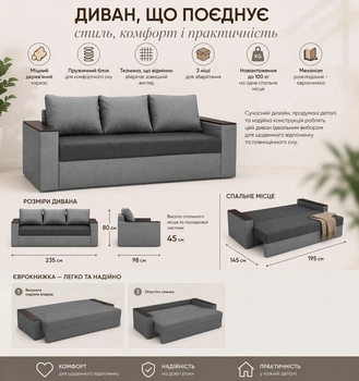 Диван прямой Imi Бостон, светло-серый + серый, 235х98 см