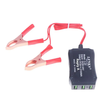 Преобразователь с 12V-24V в 5V с 3 USB-портами и зажимами на аккумулятор для зарядки телефонов