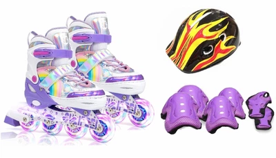 Набор роликовые коньки раздвижные Inline Skates PU со светом размер 29-33 стелька 18-20,5 см со шлемом и защитой Violet/Black (8484575)