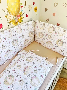 Захисні бортики на 4 сторони ліжка 60х120 см місяць з квітами