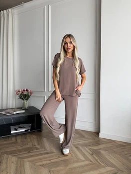 Жіночий легкий прогулянковий костюм (топ+штани) Uaclothes 50-52 Капучино (like37672-181031358)