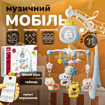 Музыкальный мобиль на кроватку с проекцией весёлых зверят Sleepy Pingvi, ночник, проектор и пульт управления, голубой