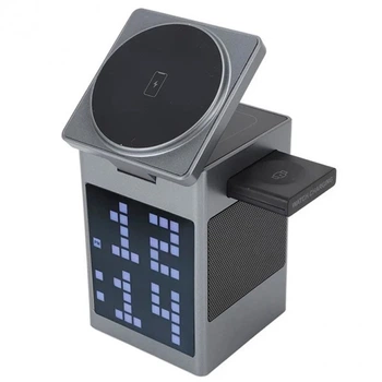 Беспроводное зарядное устройство Hoco DWQ04 с колонкой и часами, BT5.3, 1000mAh, 5h, metal gray