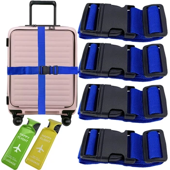 Ремінь для валізи набір 4 штуки регульований набір із пластиковою пряжкою синій + 2 багажні бірки в комплекті (C6610)
