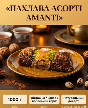 Пахлава асорті Amanti з какао, фісташкою та волоським горіхом 1000 г натуральний східний десерт