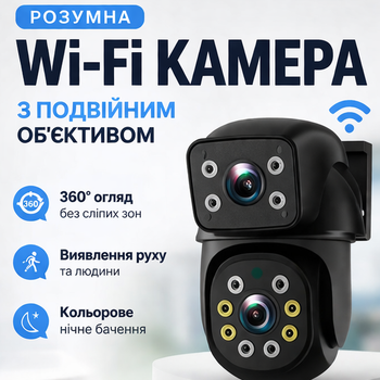 Умная Wi-Fi камера с двойным объективом и 360° обзором | Ночное видение, обнаружение движения и человека